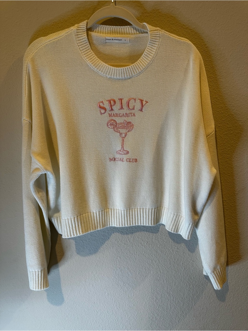 moon & madison Cream Crewneck Sweater with Pink 'Spicy Margarita' Graphic